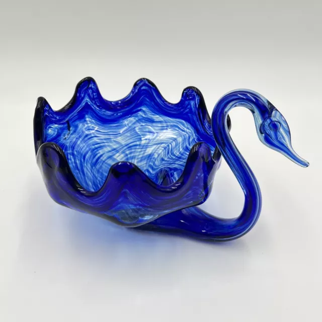Vintage Swirled Cobalt Blue Swan Centerpiece Bowl Hand Blown Art Glass