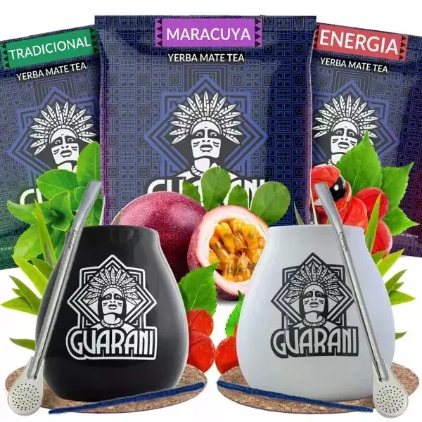 Mate Tee Yerba Set Guarani 3x50g Mate Becher Weiß Schwarz 2 x 350ml Bombilla x 2