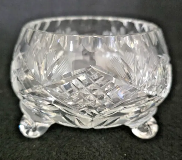 Vintage Cut Glass Crystal Three Footed Small Bowl With Hobstars And Fan Cuts