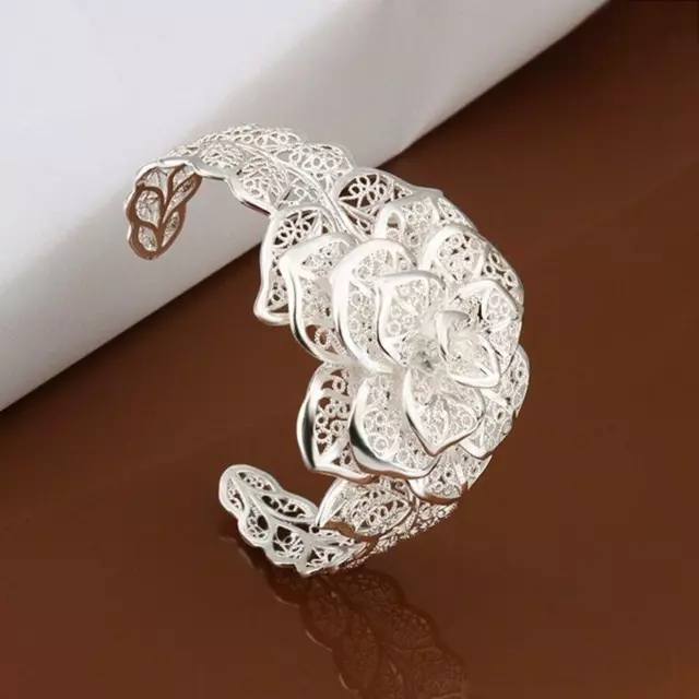 Sterling Silver Big Flower Open Cuff Bracelet Elegant Unique Bangle