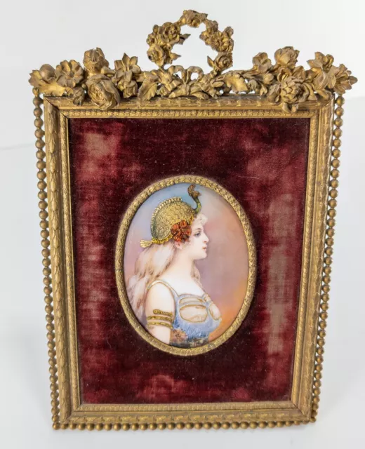 Antique French Limoges Enamel Plaque Art Deco Flapper Signed Leroy Bronze Frame