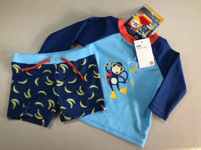 BNWT Baby Boys Sz 00 Target Long Sleeve Rash Top & Pants Trunks Swim Set UPF50+