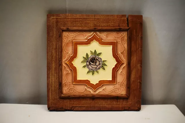 Vintage Japan Saji Tile Porcelain Ceramic Purple Rose With Wooden Frame Rare"907