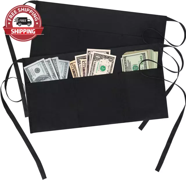 2 Pack Waitress Apron with 3 Pockets - Black Server Aprons - Waiter Short Half W