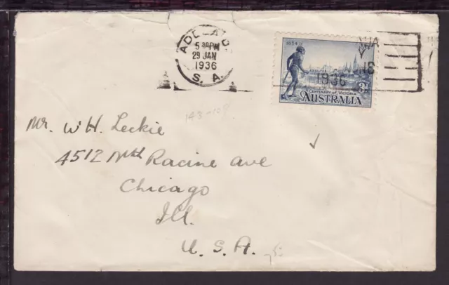 AUSTRALIA 1936 ADELAIDE COVER bearing 3d Blue Victoria Centenary to USA (L1013)