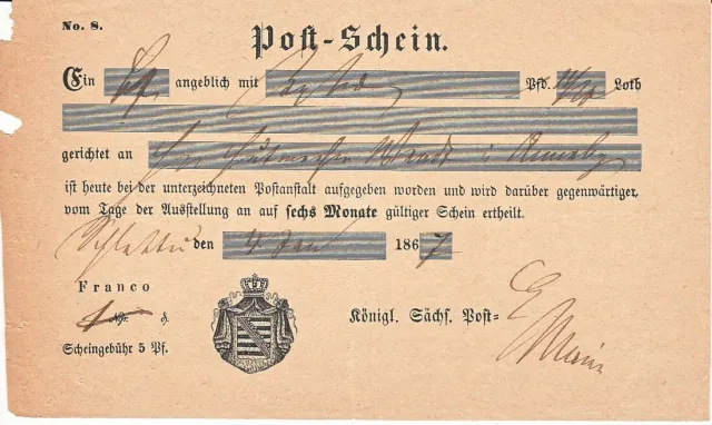 Sachsen, Postschein, Schlettau, 1867 Königl. Sächs. Post