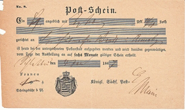 Sachsen, Postschein, Schlettau, 1867 Königl. Sächs. Post
