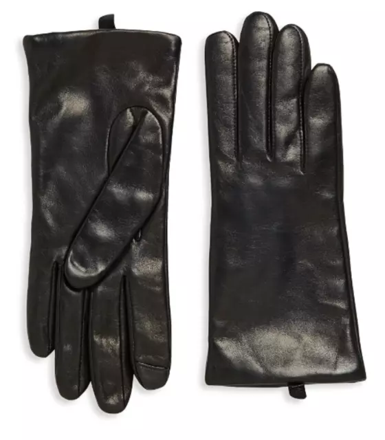 Saks Off Fifth Women`s Leather Gloves, Cashmere Lined Black Size 7.5 NEW