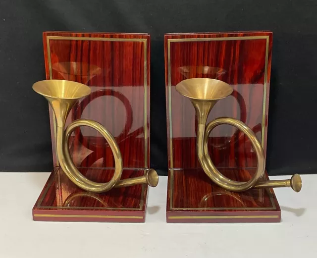 Mid Century Lacquered Cherry Wood & Brass French Horn Bookend Musical Pair