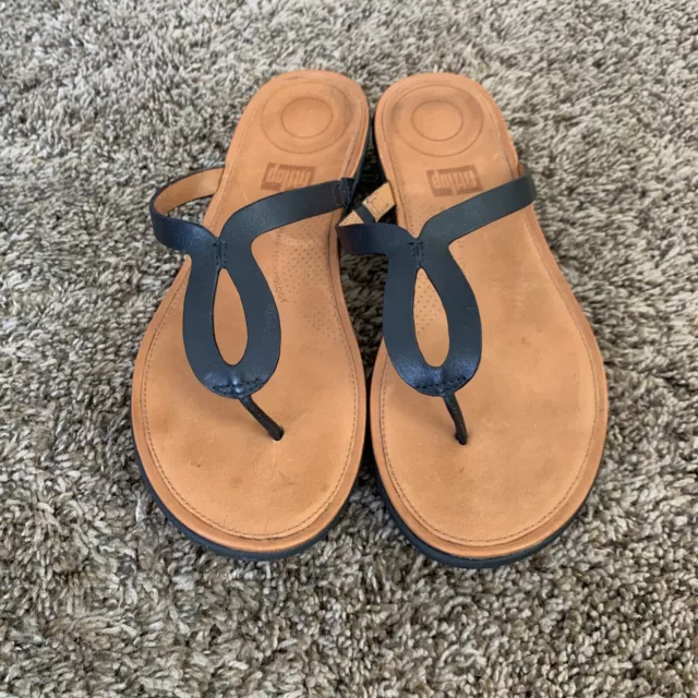 FitFlop Black Leather Thong Sandals Slip On Shoes Sz.8 Flip Flops