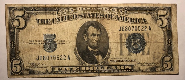 1934A $5 blue seal silver certificate FR1651 Fine. #115