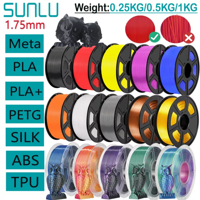 SUNLU 3D Printer Filament 1.75mm PLA Meta PLA+ ABS PETG SILK 1KG TPU-500g Lot