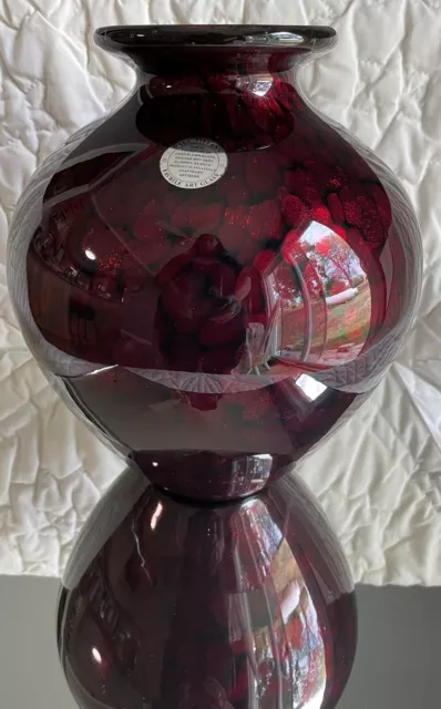 Tiffany Vase Hand Blown Red/Glitter Art Glass With Label