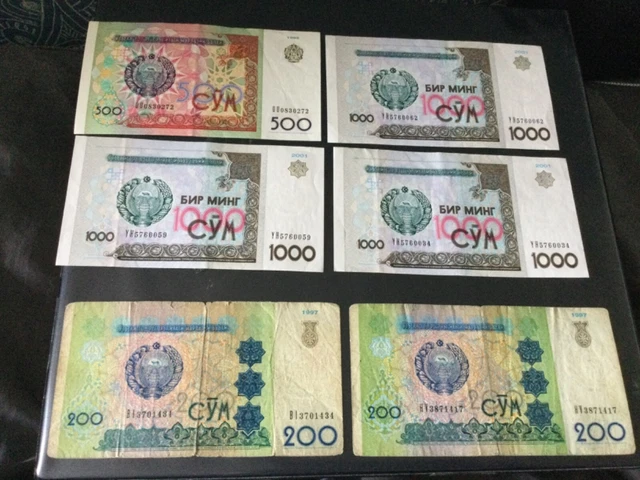 3 x 1,000 , 500 & 2 x 200 Uzbekistan Sum Banknotes