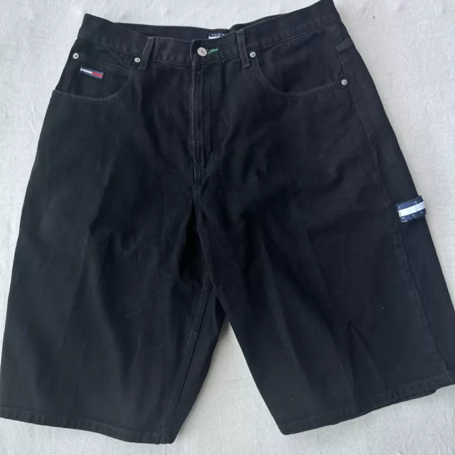 Vintage 90s Tommy Hilfiger Mens Sz 36 Black Denim Carpenter Flag Logo Shorts