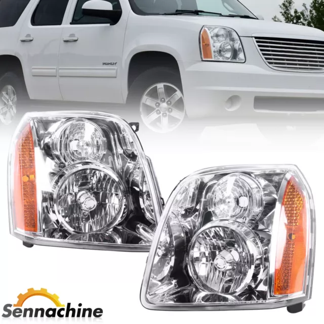 Pair Headlights Assembly Chrome Headlamps For 2007-2014 GMC Yukon XL 1500 2500