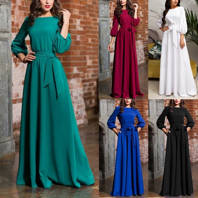 Femmes Élégance Robe Soirée Lanterne Manche Solide Couleur Long Ceintu *