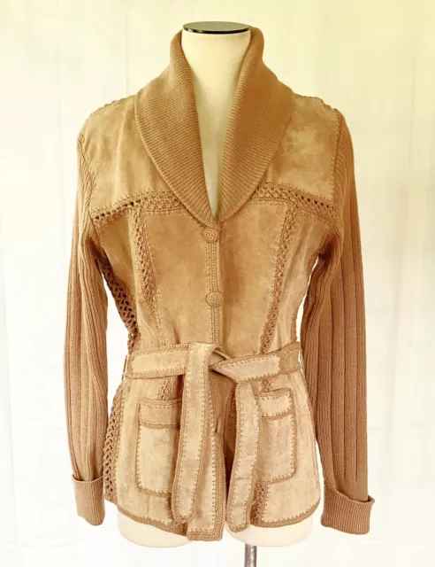 Vintage 1970s Patchwork Crochet Jacket Camel Suede Leather 38 Bust Mod Sweater