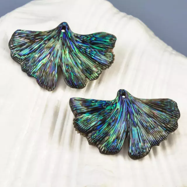 Multicolor Paua Abalone Shell Iridescent Carved Ginkgo Leaf Earring Pair 6.58 g