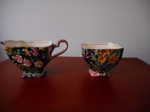 Royal Winton Grimwades Nantwich Black Pink Chintz Creamer Sugar Bowl Set England