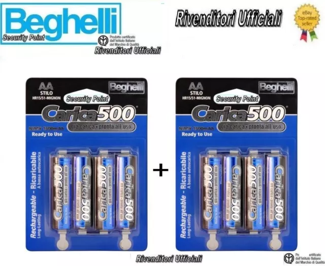 8 BEGHELLI BATTERIE STILO AA PILE RICARICABILI 1500mAh CARICABATTERIE UNIVERSALI