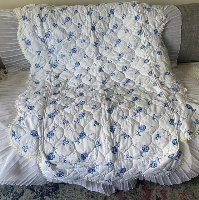 Elegant Toddler Kid Baby Blanket Coverlet Bedspread Blue White Rose Embroidery 3