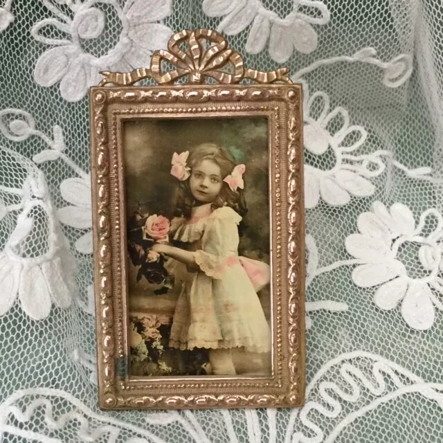 Miniature Vtg FRENCH VICTORIAN Brass Photo FRAME RIBBON BOW Glass Doll's House