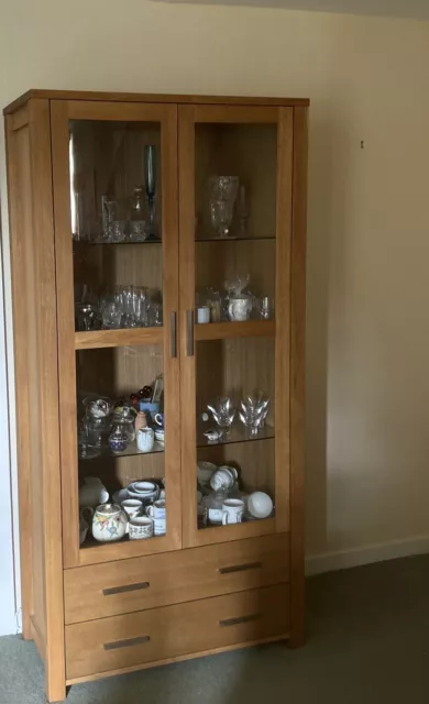 Oak Display Cabinet Shelves And Drawers, Glass Doors