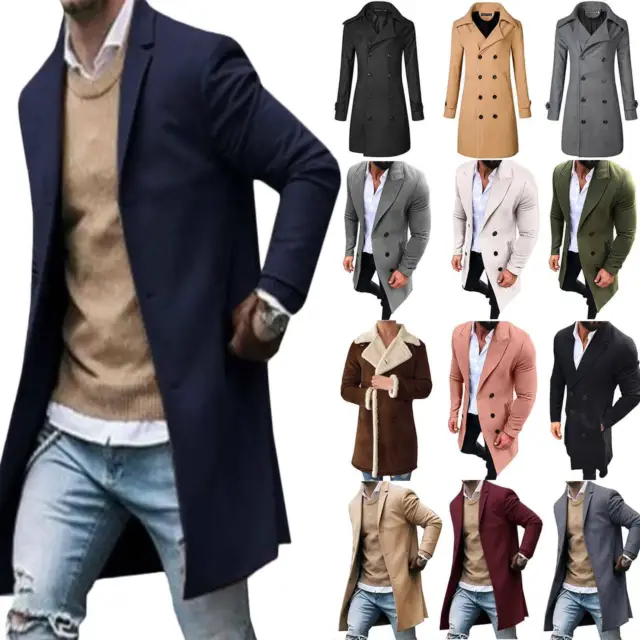 Mens Winter Warm Trench Coat Long Jacket Blazer Overcoat Parka Slim Fit Outwear
