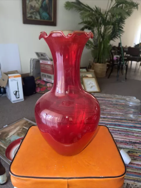 vintage red glass vase Italy Fluted Edge Large 32cms Never Used Thumb Print