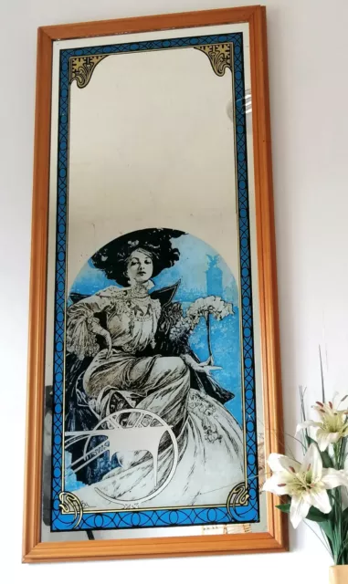Beautiful Large Vintage 1970's Alphonse Mucha Picture Mirror - Edwardian Lady