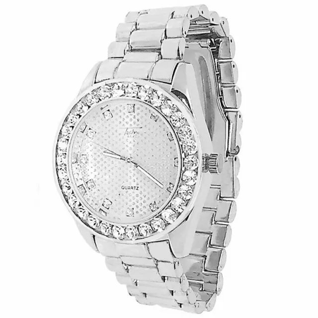 Men's Dress Luxury Style White Gold Tone Techno Pave Metal Fashion Wrist Watch