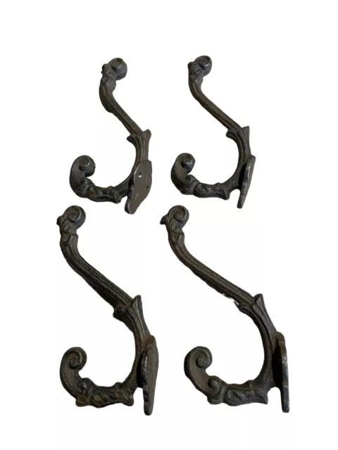 Decorative Scroll Cast Iron Wall Hooks Black 6” Set Of 4 VTG Victorian Style