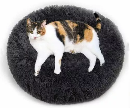 Dog Beds Washable Soft Round Fluffy Donut Self Warming Cat Bed Anti-Anxiety Grey