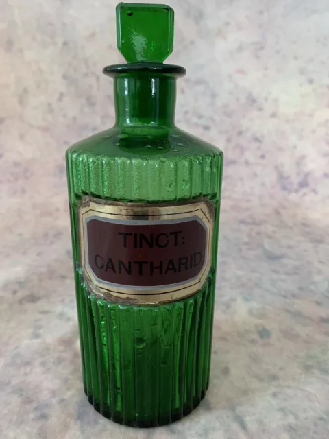 Antique Pharmacy Chemist Apothecary ribbed green glass bottle & original stopper