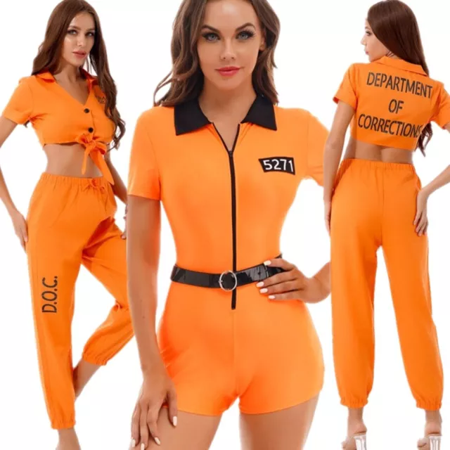 iEFiEL Womens Prisoner Role Play Costume Bodysuit Zipper Shorts Outfit  Halloween