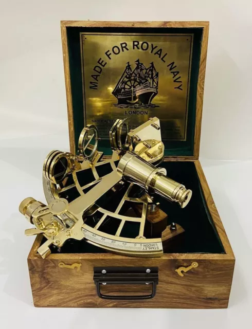 9" Polished Brass Sextant Marine Nautical Collectible Ship Astrolabe With Box