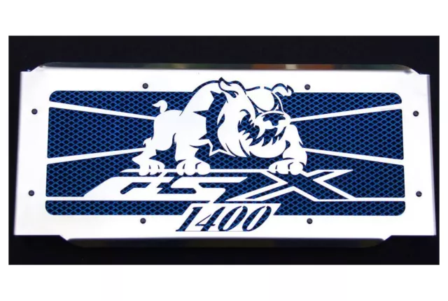 cache / Grille de radiateur inox poli Suzuki 1400 GSX "Bulldog" + grillage bleu