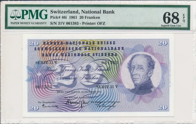 National Bank Switzerland  20 Franken 1961  PMG  68EPQ