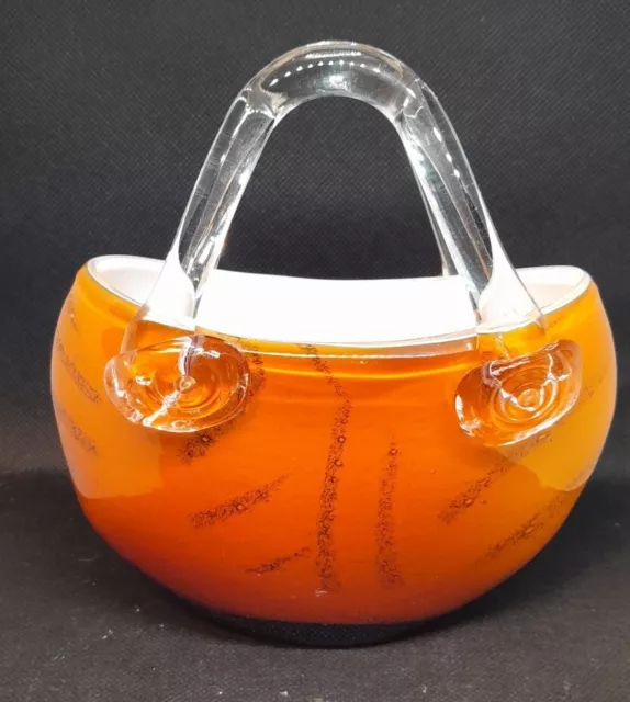 MURANO?? ART GLASS Orange/White Cased Glass Purse/Handbag with Clear Handles