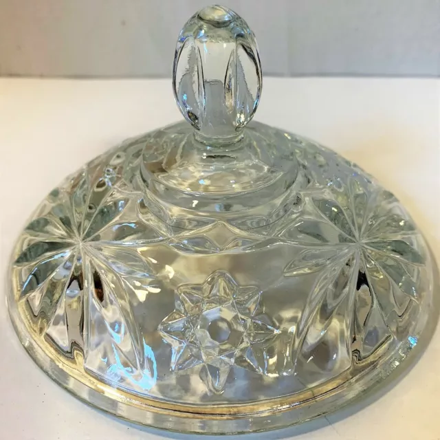 Clear Starburst Pressed Cut Prescut Glass Candy Dish Bowl Lid Cover Ribbed Knob