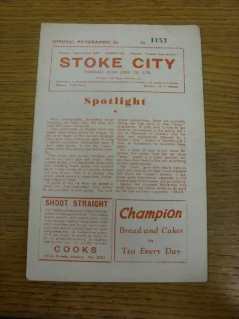 14/11/1959 Stoke City v Rotherham United  (Creased/Folded). Faults with item lis