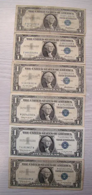 (6) Blue Seal Silver $1 Certificates / (3) 1957 (3) 1957-B / Ships Free