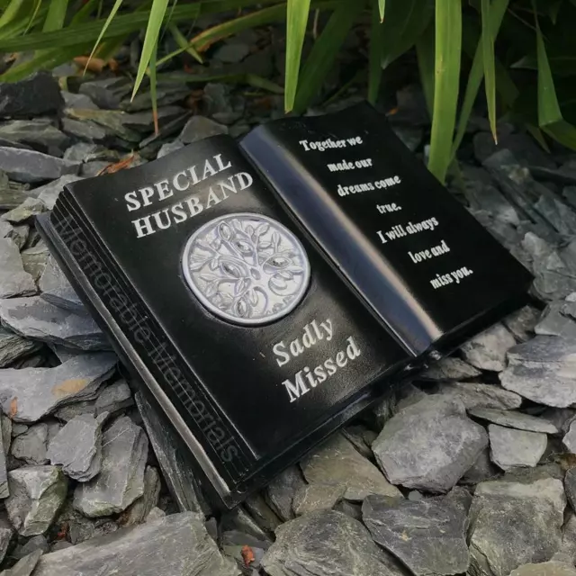 Husband - Memorial Black Silver Diamante Tree of Life Book Grave Plaque Tribute