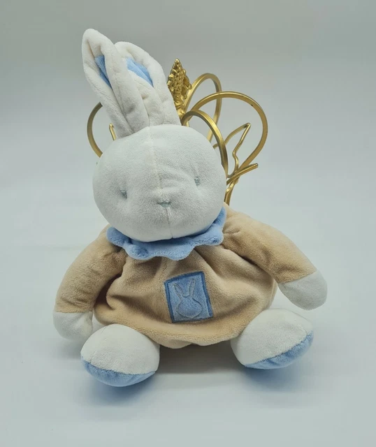 10 - Doudou Peluche Lapin Klorane Blanc Beige Rectangle Bleu Colerette Tbe