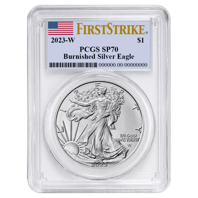 2023-W Burnished $1 American Silver Eagle PCGS SP70 FS Flag Label