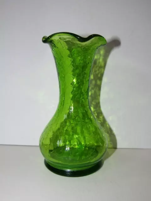 Vintage Blenko Apple Green Art Crackled Glass Ruffled Mouth Bud Vase