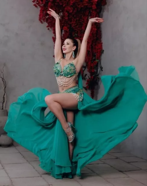 Green stone white pearls belly dance costume set with accessories