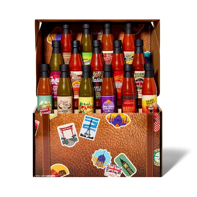 Thoughtfully Gourmet, World Traveler Suitcase Hot Sauce Gift Set, Vegan and Vege