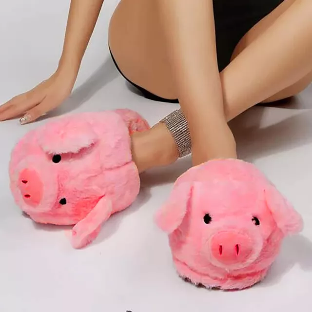 Cartoon Pig Design Fuzzy Novelty Slippers Winter Women 3D Round Toe Warm Indoor
